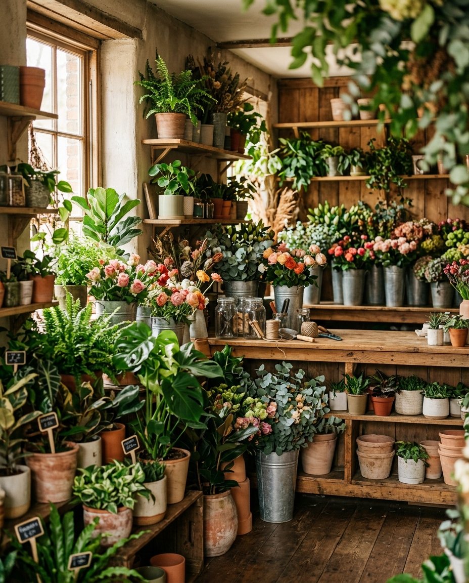 Het interieur van De Plantenbeurs met bloemen en planten
